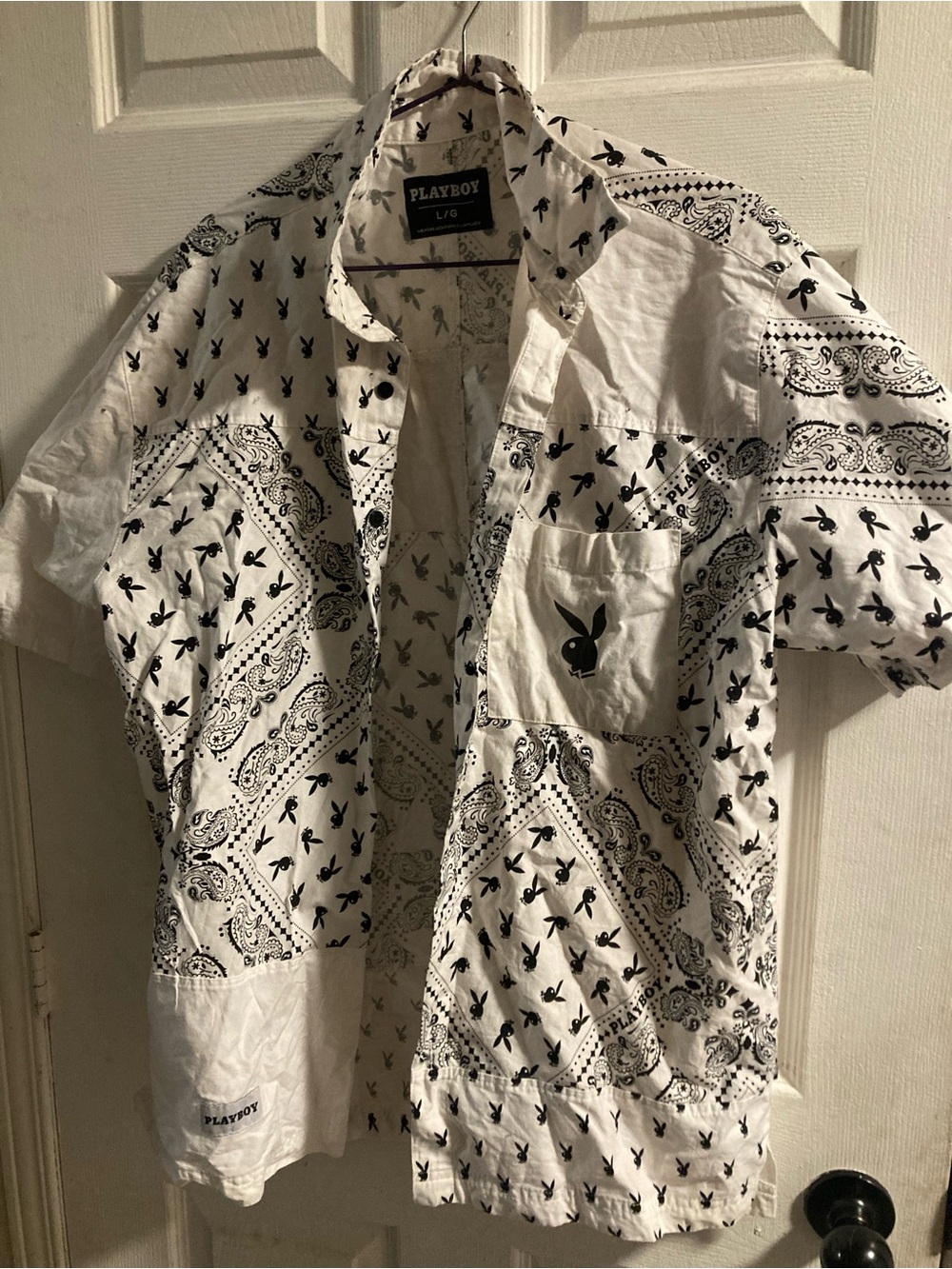 PLAYBOY White Button-Down Shirt with Black Bunny & Paisley Print